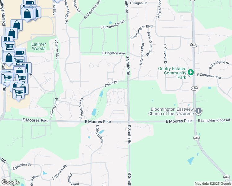 map of restaurants, bars, coffee shops, grocery stores, and more near 1277 Cobble Creek Circle in Bloomington