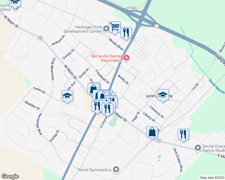 map of restaurants, bars, coffee shops, grocery stores, and more near 10586 Lord Fairfax Highway in Boyce