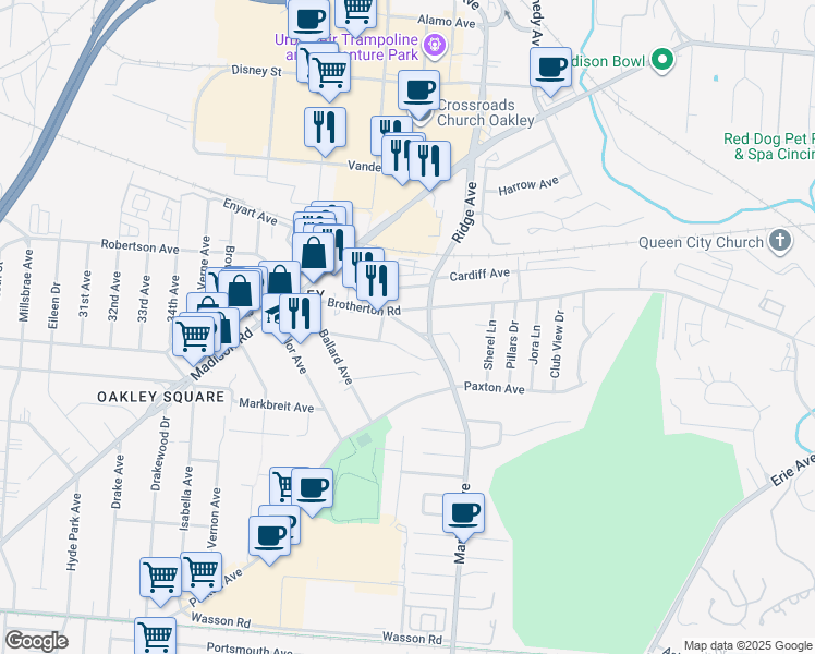 map of restaurants, bars, coffee shops, grocery stores, and more near 3310 Bach Avenue in Cincinnati