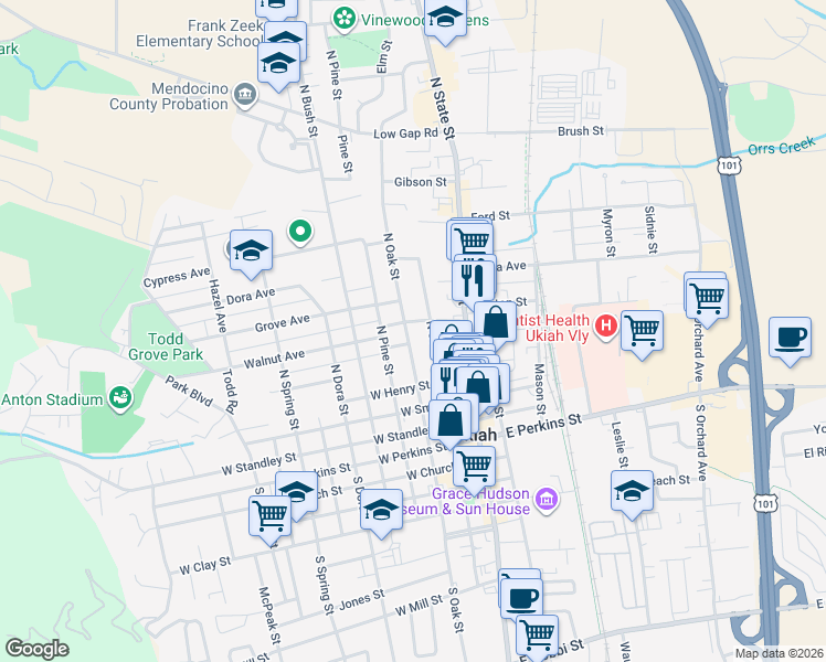 map of restaurants, bars, coffee shops, grocery stores, and more near 501 North Oak Street in Ukiah