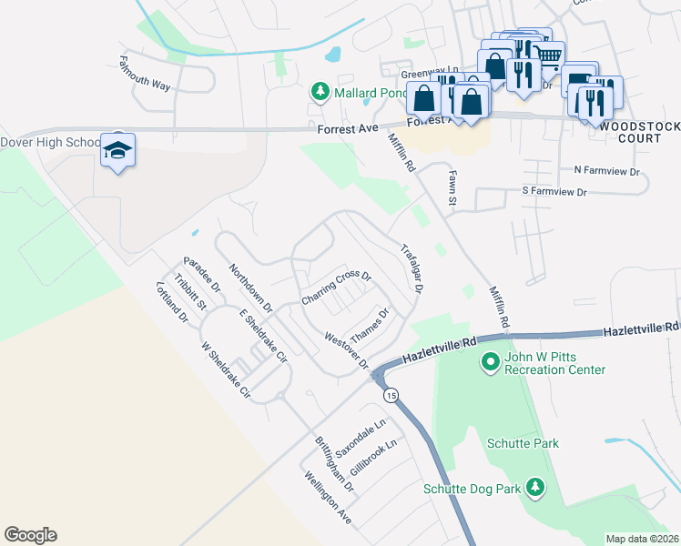 map of restaurants, bars, coffee shops, grocery stores, and more near 301 Tollhouse Place in Dover