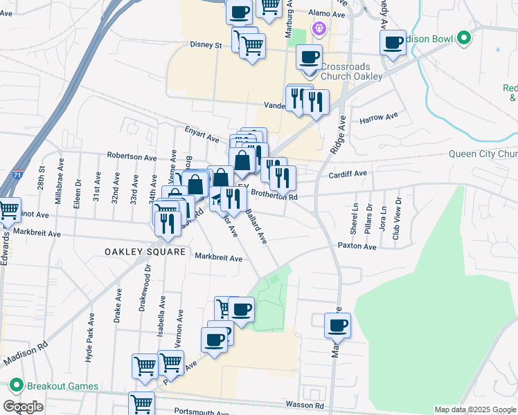 map of restaurants, bars, coffee shops, grocery stores, and more near 3224 Bach Avenue in Cincinnati