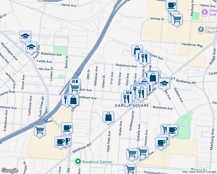 map of restaurants, bars, coffee shops, grocery stores, and more near 2832 Minot Avenue in Cincinnati