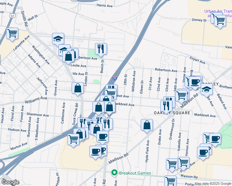 map of restaurants, bars, coffee shops, grocery stores, and more near 2724 Minot Avenue in Cincinnati