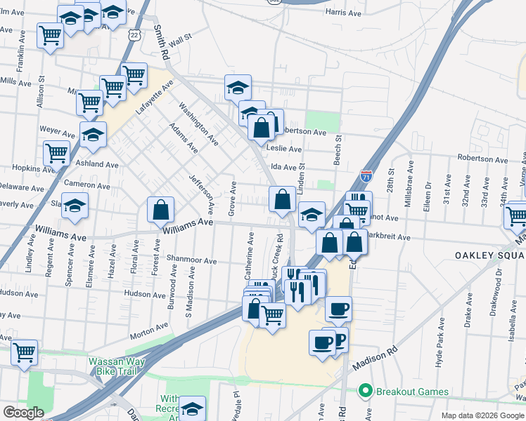 map of restaurants, bars, coffee shops, grocery stores, and more near 2524 Williams Avenue in Cincinnati