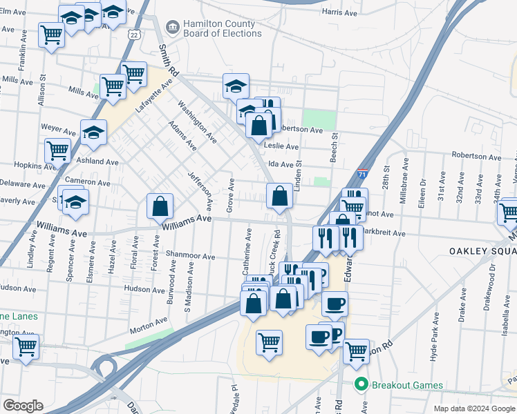 map of restaurants, bars, coffee shops, grocery stores, and more near 2524 Williams Avenue in Cincinnati