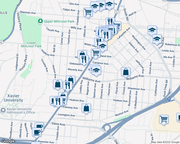 map of restaurants, bars, coffee shops, grocery stores, and more near 2119 Slane Avenue in Cincinnati