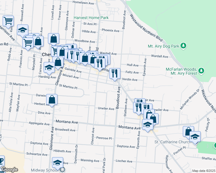map of restaurants, bars, coffee shops, grocery stores, and more near 3515 Craig Court in Cincinnati
