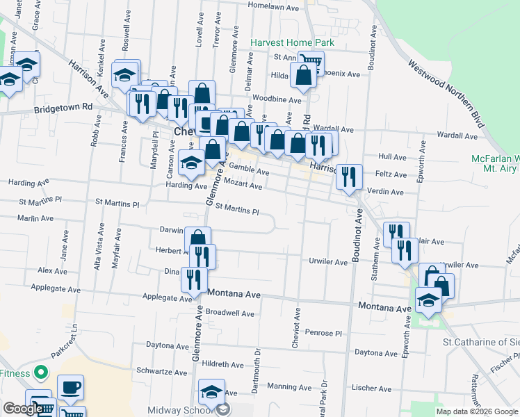map of restaurants, bars, coffee shops, grocery stores, and more near 3519 Saint Martins Place in Cincinnati