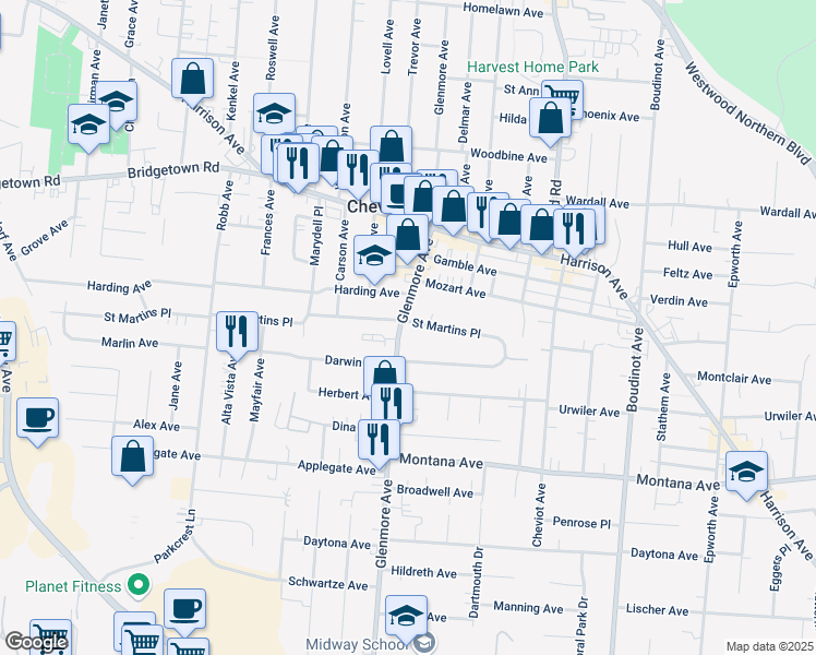 map of restaurants, bars, coffee shops, grocery stores, and more near 3622 Glenmore Avenue in Cincinnati