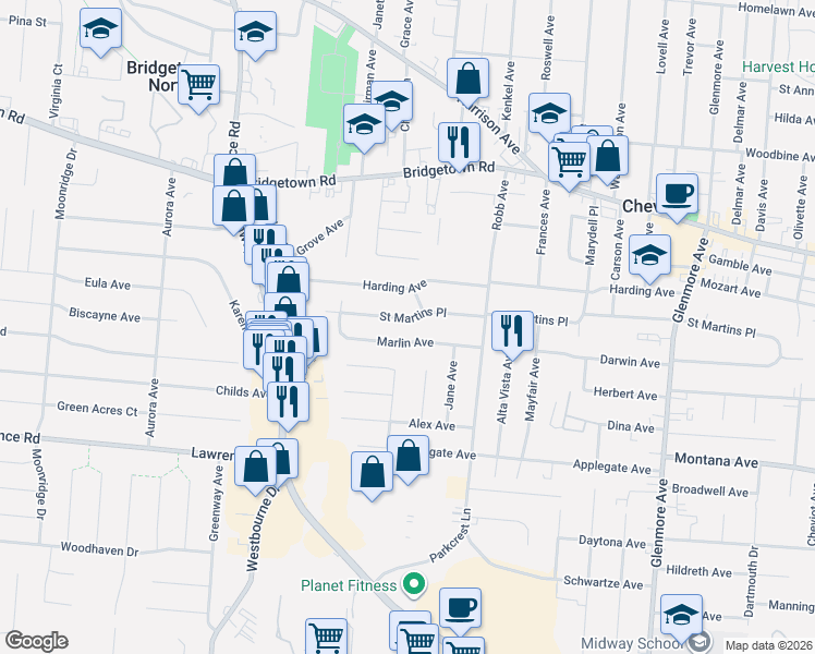 map of restaurants, bars, coffee shops, grocery stores, and more near 4272 Marlin Avenue in Cheviot