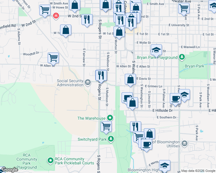 map of restaurants, bars, coffee shops, grocery stores, and more near 1206 South Madison Street in Bloomington