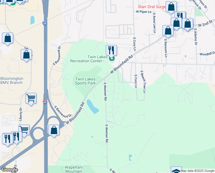 map of restaurants, bars, coffee shops, grocery stores, and more near 1230 South Weimer Road in Bloomington