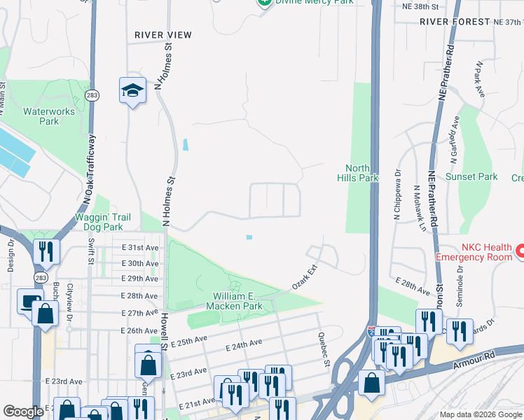 map of restaurants, bars, coffee shops, grocery stores, and more near 3227 North Forest Avenue in Kansas City