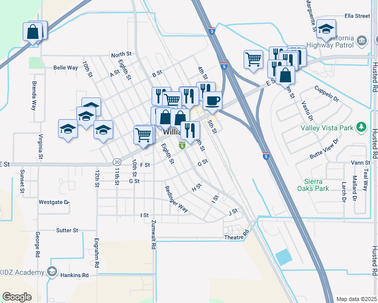 map of restaurants, bars, coffee shops, grocery stores, and more near 609 7th Street in Williams