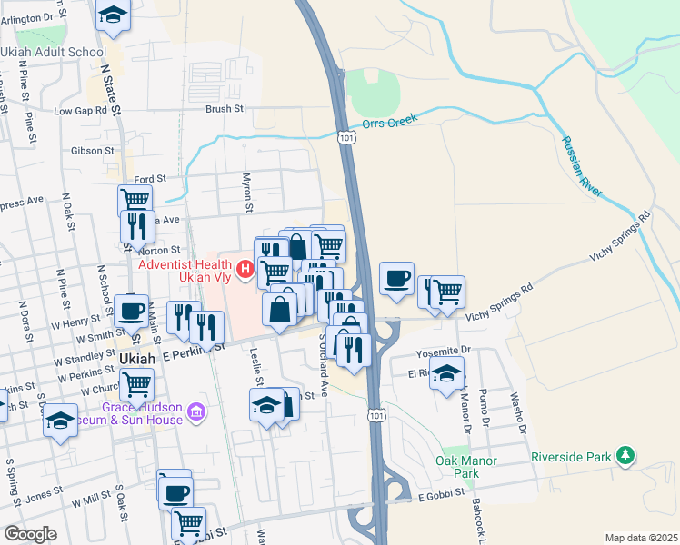 map of restaurants, bars, coffee shops, grocery stores, and more near 205 North Orchard Avenue in Ukiah