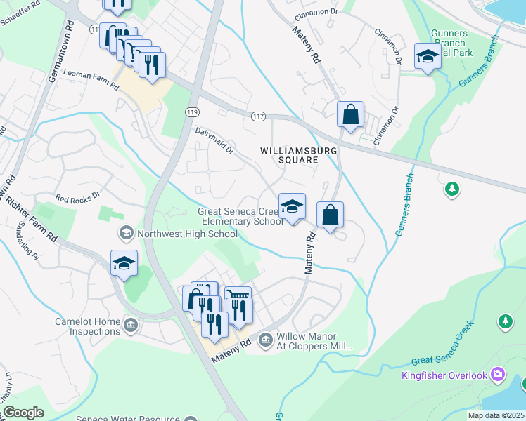 map of restaurants, bars, coffee shops, grocery stores, and more near 18143 Metz Drive in Germantown