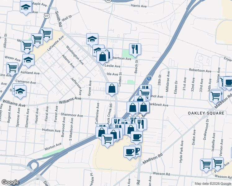 map of restaurants, bars, coffee shops, grocery stores, and more near 2612 Duck Creek Road in Cincinnati
