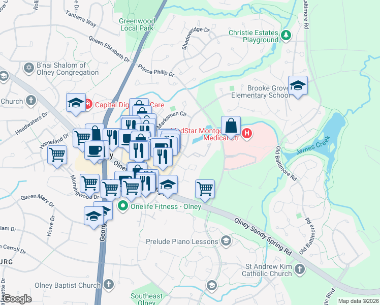 map of restaurants, bars, coffee shops, grocery stores, and more near 18112 Windsor Hill Drive in Olney