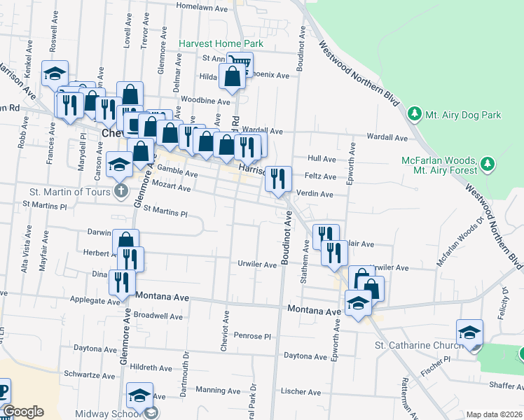 map of restaurants, bars, coffee shops, grocery stores, and more near 3515 Craig Court in Cincinnati