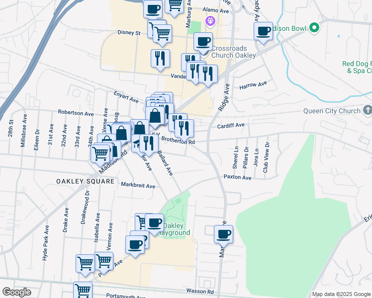 map of restaurants, bars, coffee shops, grocery stores, and more near 3225 Oakley Station Boulevard in Cincinnati
