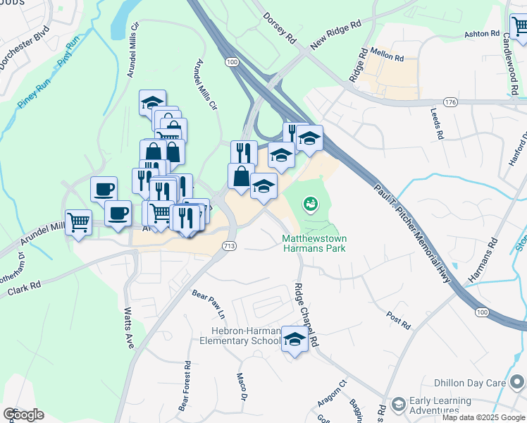 map of restaurants, bars, coffee shops, grocery stores, and more near 7600 Ridge Chapel Road in Hanover