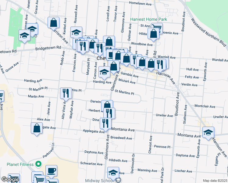 map of restaurants, bars, coffee shops, grocery stores, and more near 3622 Glenmore Avenue in Cincinnati