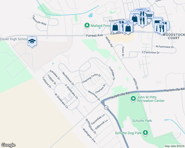 map of restaurants, bars, coffee shops, grocery stores, and more near 301 Tollhouse Place in Dover