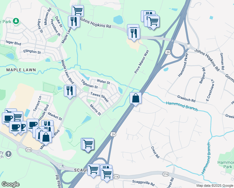 map of restaurants, bars, coffee shops, grocery stores, and more near 7782 Water Street in Fulton