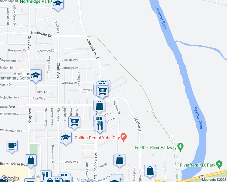 map of restaurants, bars, coffee shops, grocery stores, and more near 1531 Plumas Street in Yuba City