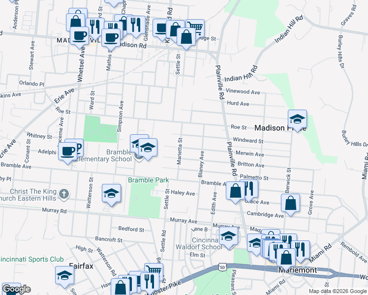 map of restaurants, bars, coffee shops, grocery stores, and more near 6611 Merwin Avenue in Cincinnati