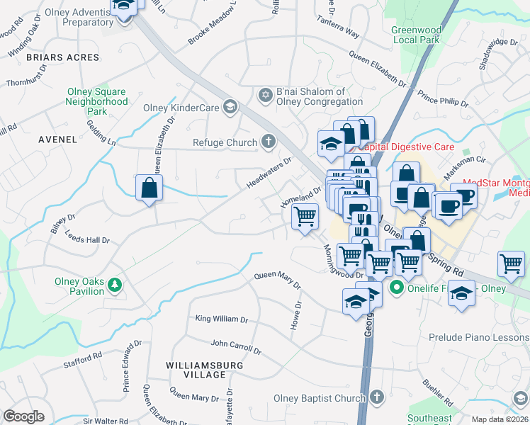 map of restaurants, bars, coffee shops, grocery stores, and more near 18210 Rolling Meadow Way in Olney
