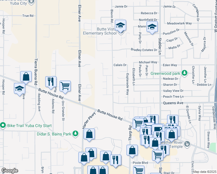 map of restaurants, bars, coffee shops, grocery stores, and more near 1759 Domain Way in Yuba City