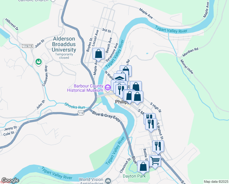 map of restaurants, bars, coffee shops, grocery stores, and more near 146 North Main Street in Philippi
