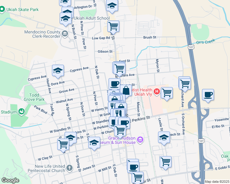 map of restaurants, bars, coffee shops, grocery stores, and more near 456 North State Street in Ukiah