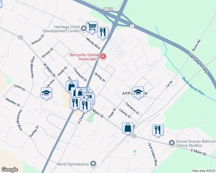 map of restaurants, bars, coffee shops, grocery stores, and more near 100 South Church Street in Berryville