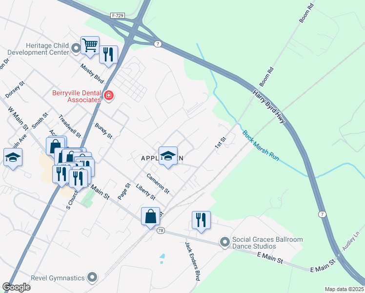 map of restaurants, bars, coffee shops, grocery stores, and more near 422 Cobbler Drive in Berryville