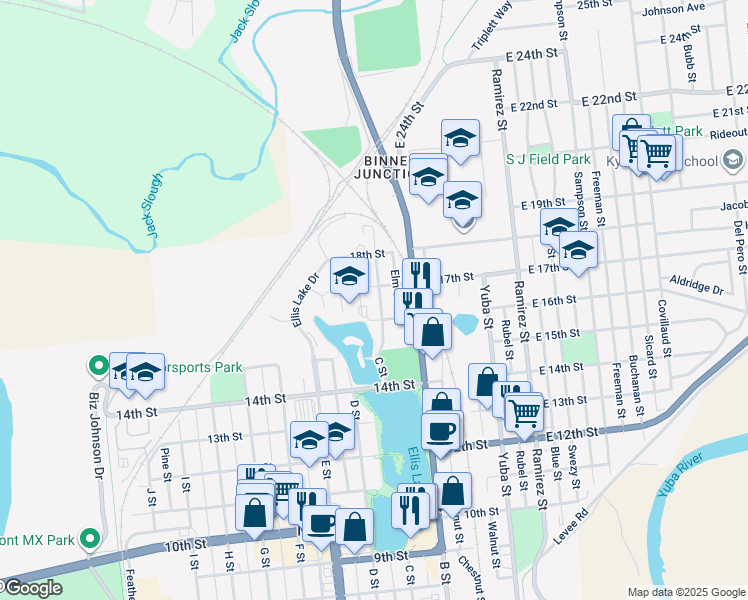 map of restaurants, bars, coffee shops, grocery stores, and more near 1622 C Street in Marysville