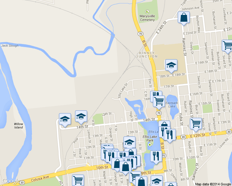 map of restaurants, bars, coffee shops, grocery stores, and more near 1701 Ellis Lake Drive in Marysville