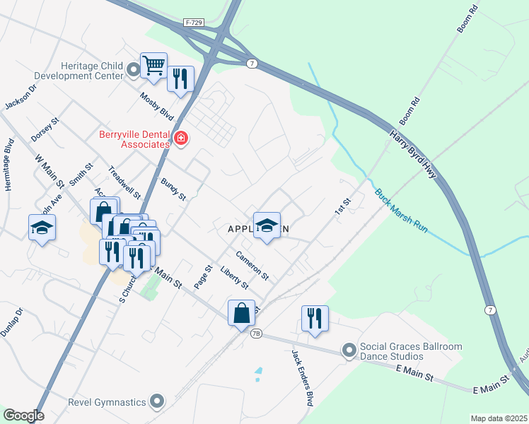 map of restaurants, bars, coffee shops, grocery stores, and more near 95 Chalmers Court in Berryville