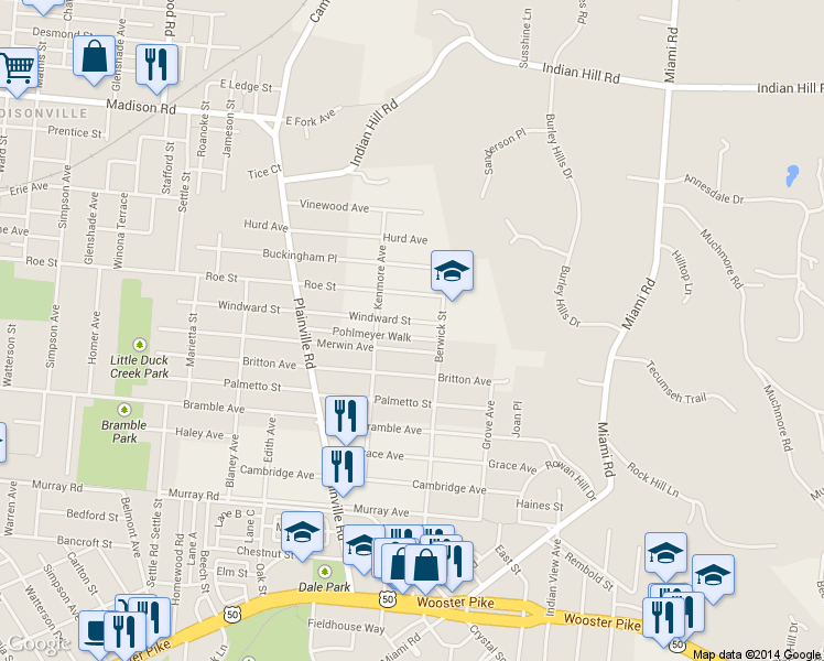 map of restaurants, bars, coffee shops, grocery stores, and more near 6914 Merwin Avenue in Cincinnati