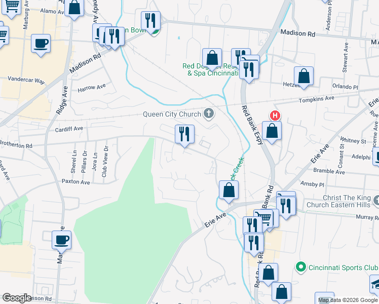 map of restaurants, bars, coffee shops, grocery stores, and more near 3815 Brotherton Road in Cincinnati