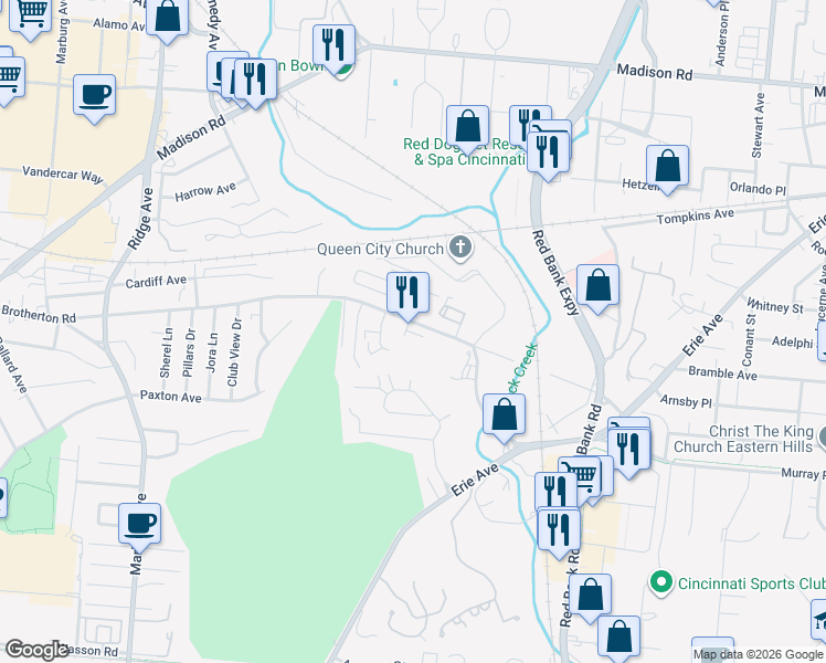 map of restaurants, bars, coffee shops, grocery stores, and more near 3815 Brotherton Road in Cincinnati
