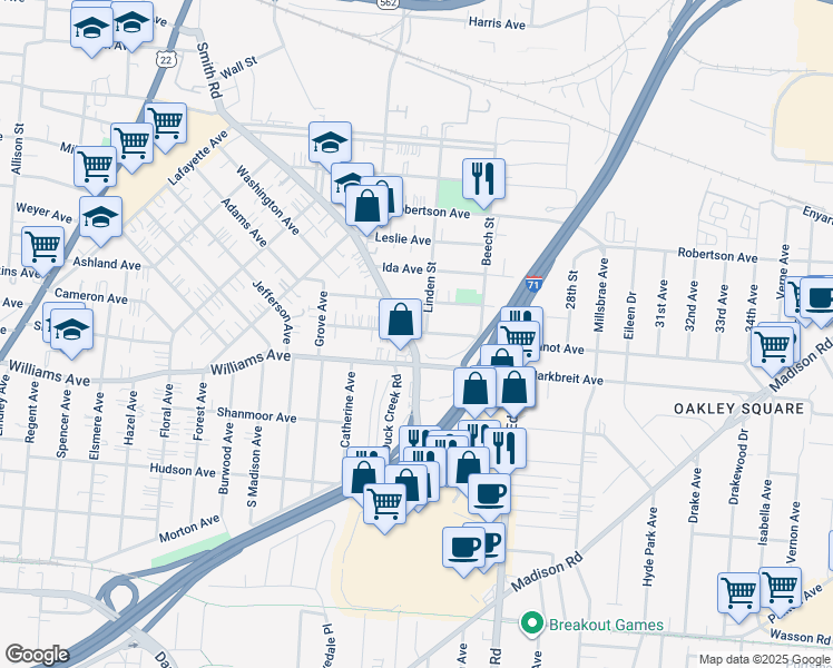 map of restaurants, bars, coffee shops, grocery stores, and more near 2612 Duck Creek Road in Cincinnati