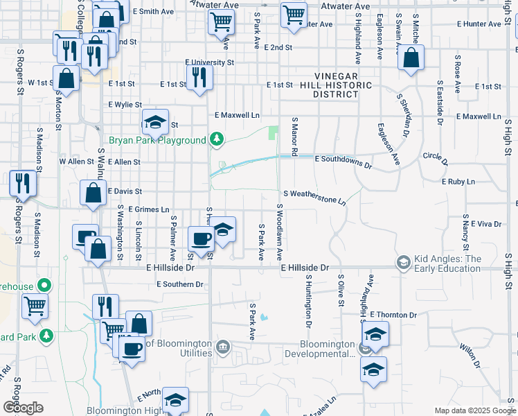 map of restaurants, bars, coffee shops, grocery stores, and more near 802 East Grimes Lane in Bloomington