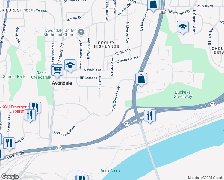 map of restaurants, bars, coffee shops, grocery stores, and more near 3200 Rock Creek Parkway in Kansas City
