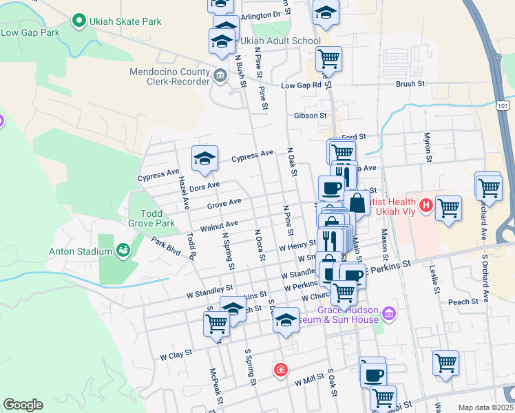 map of restaurants, bars, coffee shops, grocery stores, and more near 514 Walnut Avenue in Ukiah