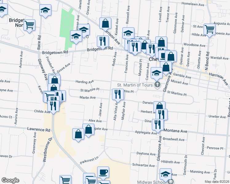 map of restaurants, bars, coffee shops, grocery stores, and more near 3604 Robb Avenue in Cincinnati