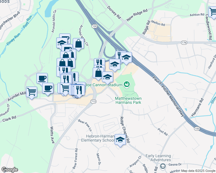 map of restaurants, bars, coffee shops, grocery stores, and more near 7600 Ridge Chapel Road in Hanover