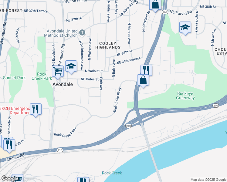 map of restaurants, bars, coffee shops, grocery stores, and more near 3200 Rockcreek Parkway in Kansas City